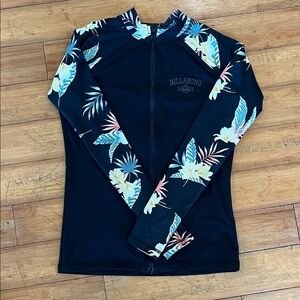 Billabong Black and Blue Floral front zip Rash Guard